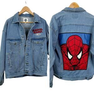 Vintage 90’s Universal Studios Marvel Spider-Man Faded Denim Jacket Mens Size L